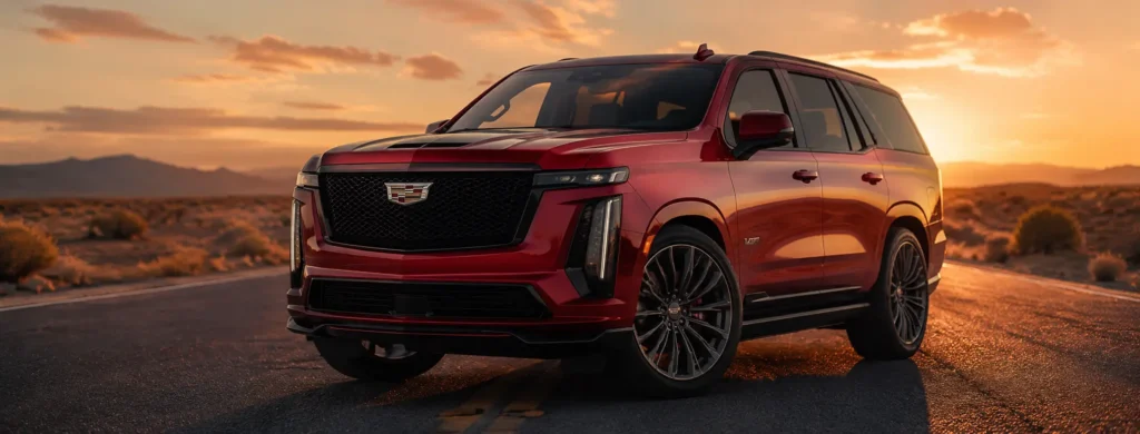 2025 Cadillac Escalade V — Complete Review, Specs & Buyer’s Guide Radiant Red 2025 Cadillac Escalade V parked on a desert road during a golden sunset.