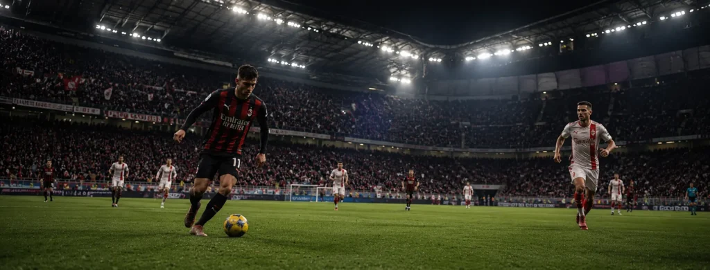 AC Milan vs SSC Bari Timeline —Complete Head-to-Head History AC Milan player in black and red jersey dribbling the ball against SSC Bari in a crowded San Siro stadium during a Coppa Italia match.