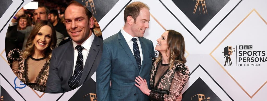 Alun Wyn Jones and his wife Anwen Jones smiling on the red carpet at the BBC Sports Personality of the Year awards.