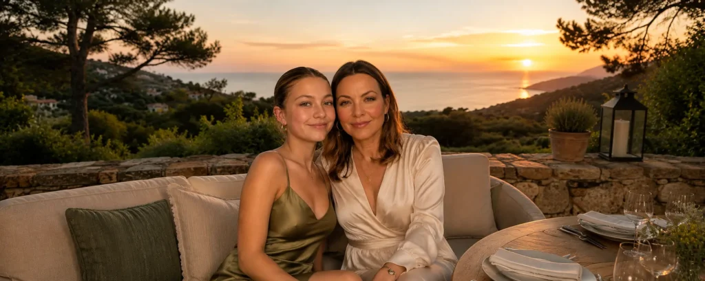 Welsh singer Charlotte Church and her eldest daughter Ruby Henson sitting together at a scenic coastal dinner setting during sunset.