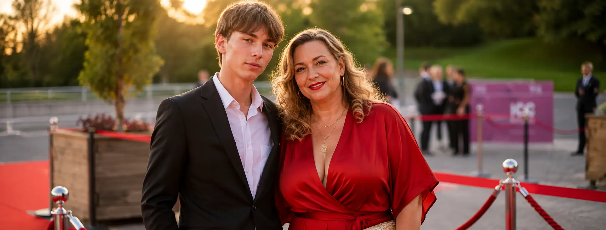 Dexter Henson posing with his mother, Welsh singer Charlotte Church, on the red carpet.