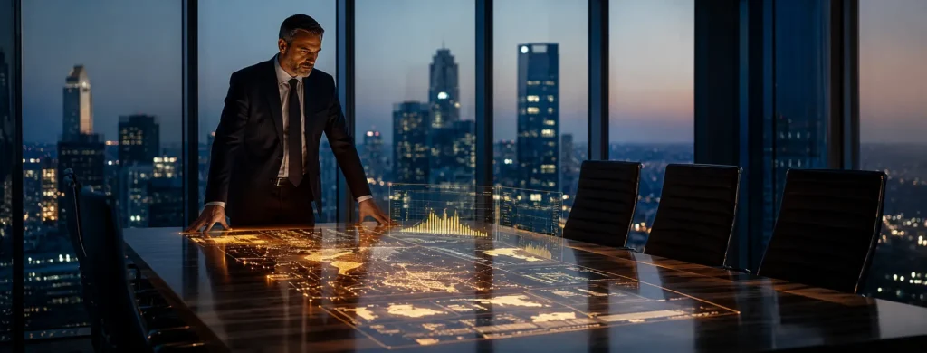 AI Transformation Is a Problem of Governance —Not a Problem of Technology Corporate executive reviewing AI governance and enterprise data on a glowing digital dashboard in a modern high-rise boardroom