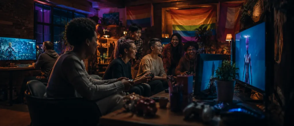 Gaymetu E Explained — Gaming, Identity,and Digital Community in 2025 A diverse group of friends playing video games together in a cozy room with LGBTQ+ pride flags in the background, representing the inclusive Gaymetu E gaming community.