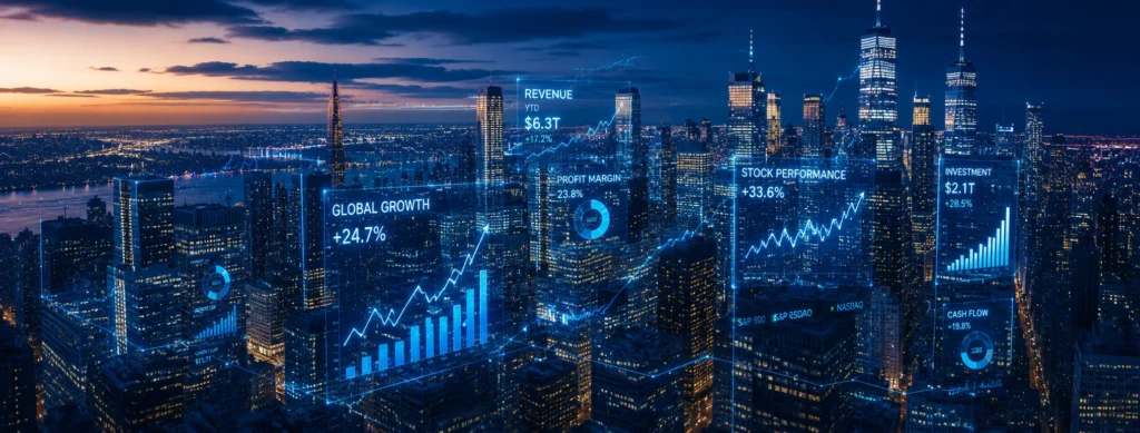 Aerial view of a metropolitan city at dusk with holographic growth charts showing global revenue and stock performance data for growth enterprises.