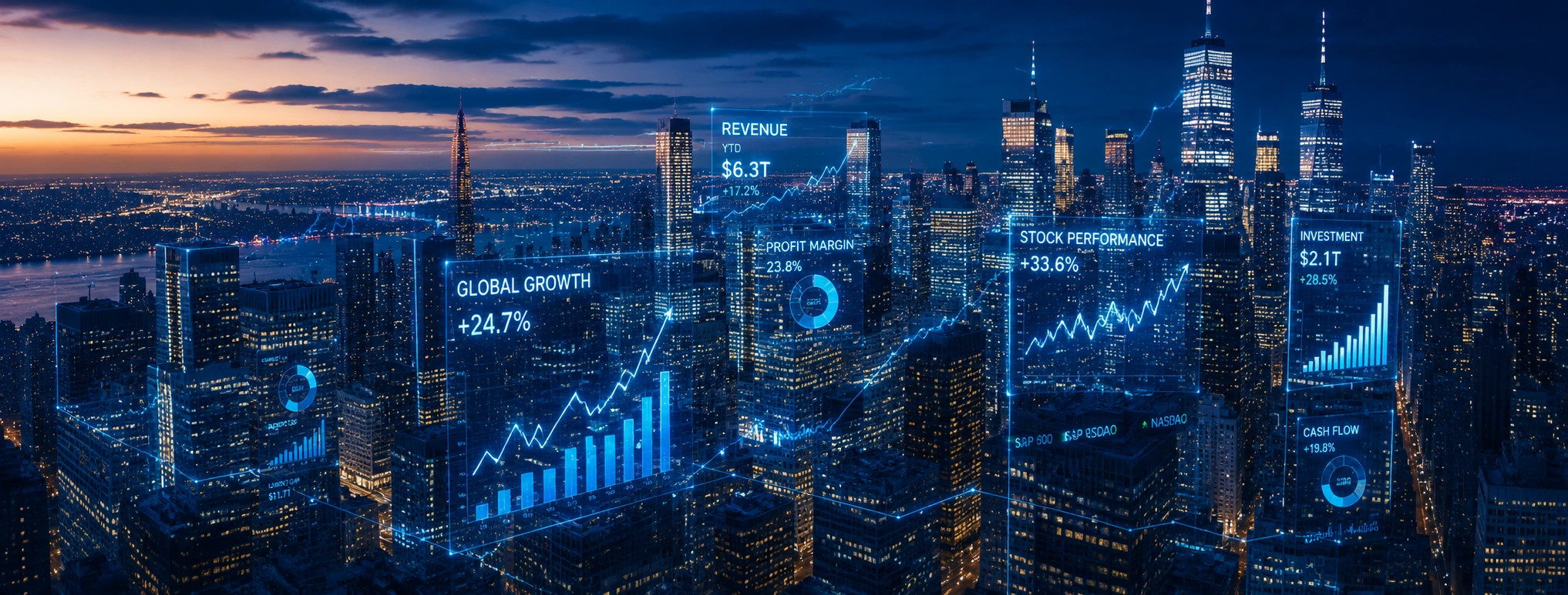 Aerial view of a metropolitan city at dusk with holographic growth charts showing global revenue and stock performance data for growth enterprises.