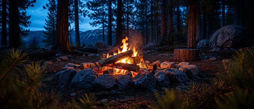 How to Build a Campfire — Step-by-StepSafety, Wood Selection & Fire Lay Techniques A well-built campfire burning steadily inside a protective stone ring in a dark pine forest at dusk