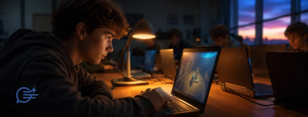 Hypackel: The Browser Gaming Platform That Thrives Where Others Get Blocked A student playing an unblocked browser game on a laptop in a dimly lit computer lab, representing platforms like Hypackel.