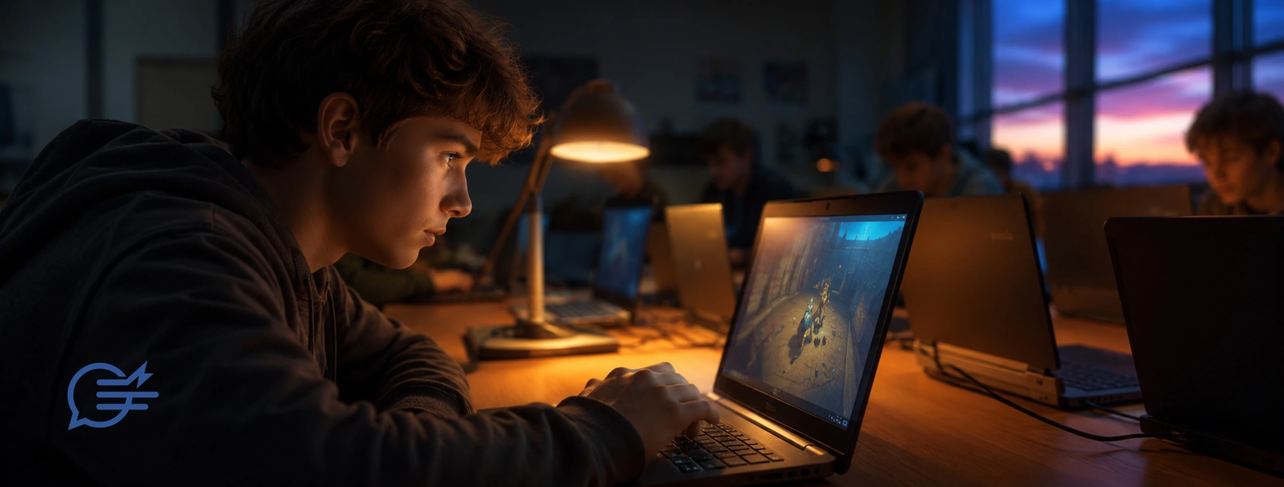 A student playing an unblocked browser game on a laptop in a dimly lit computer lab, representing platforms like Hypackel.