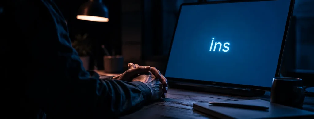 Ins — What It Really Means,Where It Comes From & Why It Matters A person sitting in a dark room looking at the glowing blue text 'ins' on a computer monitor, representing human digital identity.