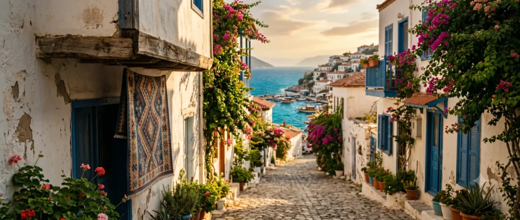 A cobblestone street in a serene Mediterranean coastal village featuring whitewashed houses, bright pink bougainvillea, blue shutters, and a traditional Turkish woven rug, representing the Merfez lifestyle.