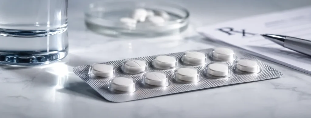 Metronidazole (Flagyl) white tablets in a blister pack with a glass of water and medical prescription on a marble surface