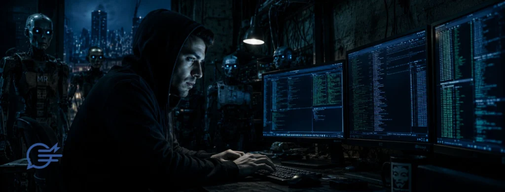 Cinematic cyberpunk scene of a hooded hacker working at a computer terminal with multiple monitors displaying code, surrounded by humanoid robots with glowing blue eyes.