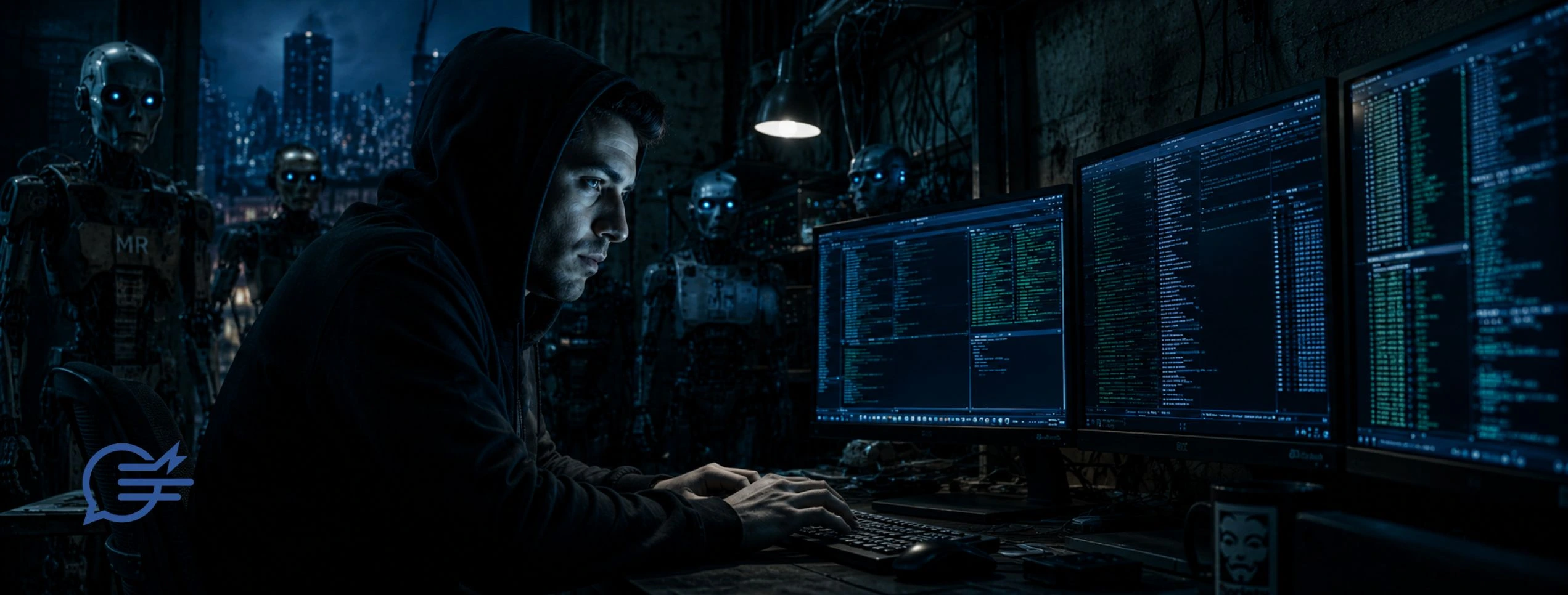 Cinematic cyberpunk scene of a hooded hacker working at a computer terminal with multiple monitors displaying code, surrounded by humanoid robots with glowing blue eyes.