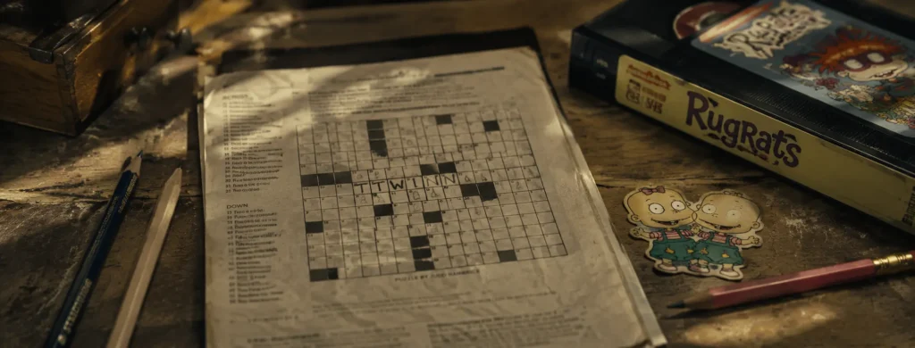 Phil or Lil of Rugrats Crossword —Every Answer, Explained A crossword puzzle on a wooden desk showing the answer TWIN next to a classic Rugrats VHS tape and a cutout of Phil and Lil DeVille.