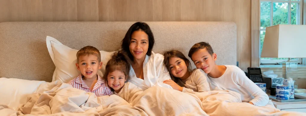 Emma Grede Children, Biography —Career, Family & Life Journey British entrepreneur Emma Grede smiling in bed while surrounded by her four children Grey, Lola, Lake, and Rafferty during a warm family moment at home.