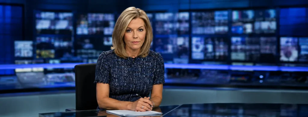 Mary Nightingale Illness, Biography —And Life Behind the Newsdesk ITV Evening News anchor Mary Nightingale sitting at the presentation desk in a blue tweed dress with the newsroom studio backdrop.
