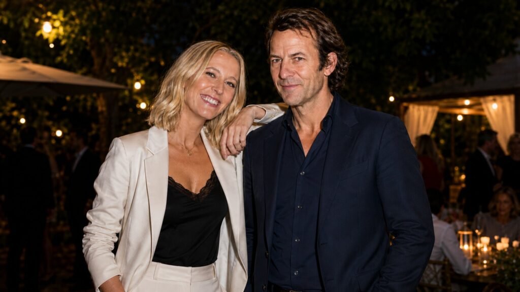Robie Uniacke and actress Rosamund Pike posing together at an elegant outdoor evening event.