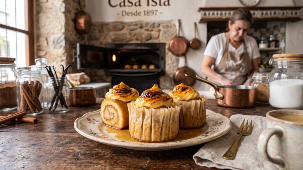 Locating the Best Piononos de Santa Fe: An Culinary Investigation into Granada’s Sovereign Pastry Three authentic Piononos de Santa Fe on a rustic plate inside an old Andalusian bakery kitchen.