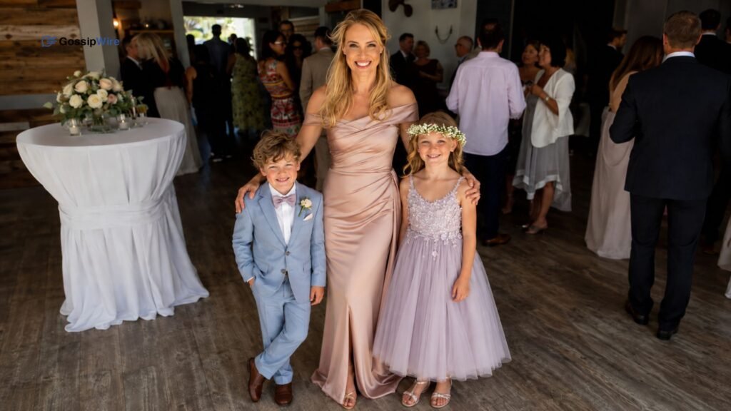 Woman posing with a young boy and girl at a formal family celebration
