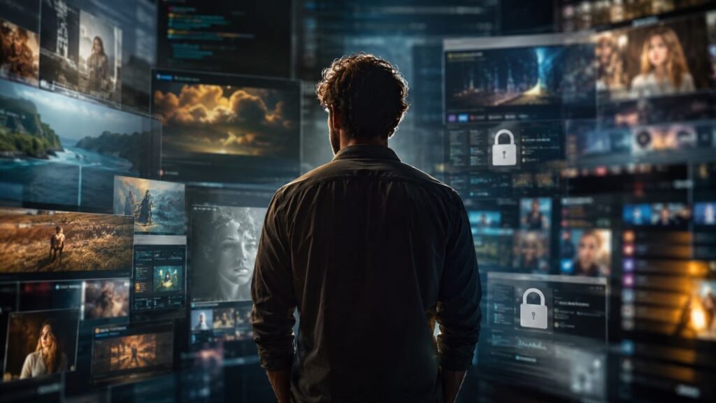 Person viewing multiple digital media screens with cloud dashboards, privacy icons, and online content interfaces