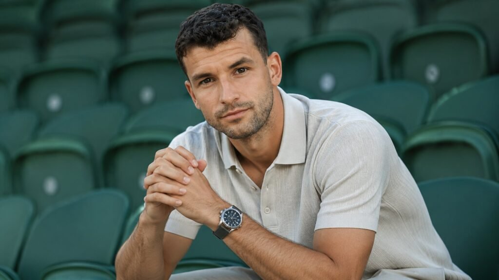 Grigor Dimitrov: The Comeback Nobody Saw Coming Grigor Dimitrov sitting courtside at a tennis stadium during an editorial portrait session before Wimbledon.