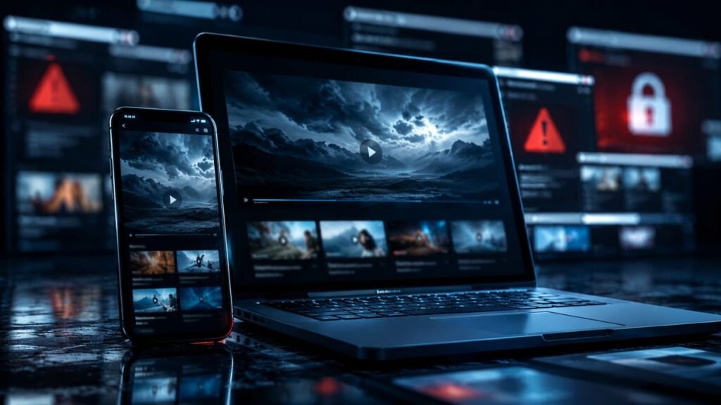 Smartphone and laptop showing an unbranded HD streaming interface with security warning symbols