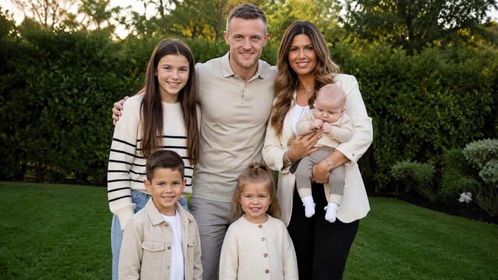 Jamie Vardy and Rebekah Vardy posing with their children in a high-resolution outdoor family portrait.