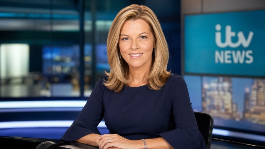 Mary Nightingale sitting at the ITV News desk wearing a navy blue dress during a professional television news broadcast.
