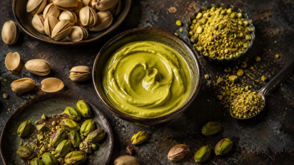Bowl of green pistachio paste surrounded by pistachio kernels, shells and chopped pista