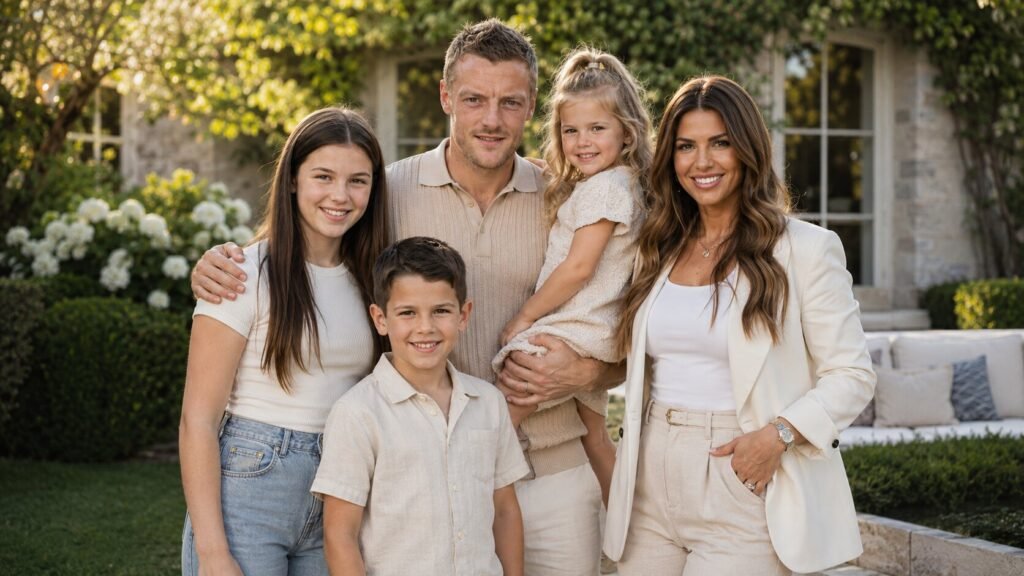 Sofia Vardy posing with her parents Jamie Vardy and Rebekah Vardy during a family portrait in a garden setting.