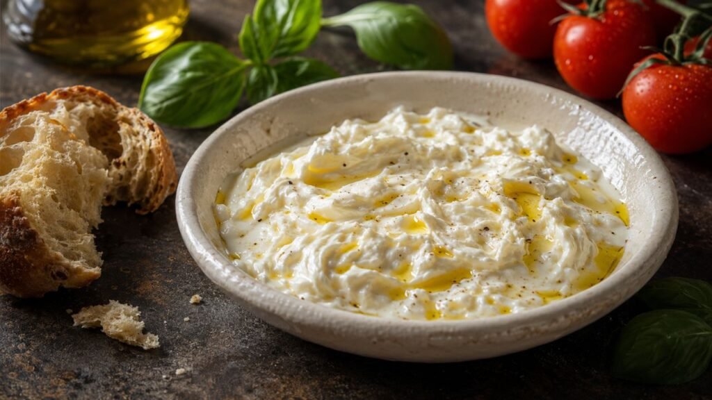Stracciatella Cheese Is the Creamy Heart of Burrata—And It Deserves the Plate to Itself Fresh stracciatella cheese with rustic bread, tomatoes, basil and olive oil