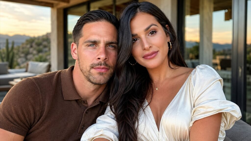 Valerie Guiliani posing with her husband, Indiana Pacers guard T.J. McConnell, in an elegant outdoor portrait.