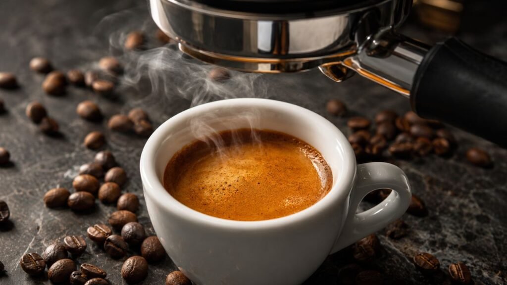 What Is Espresso? Inside the 30-Second Shot That Built Modern Coffee Culture Fresh espresso with golden crema beneath an espresso machine portafilter